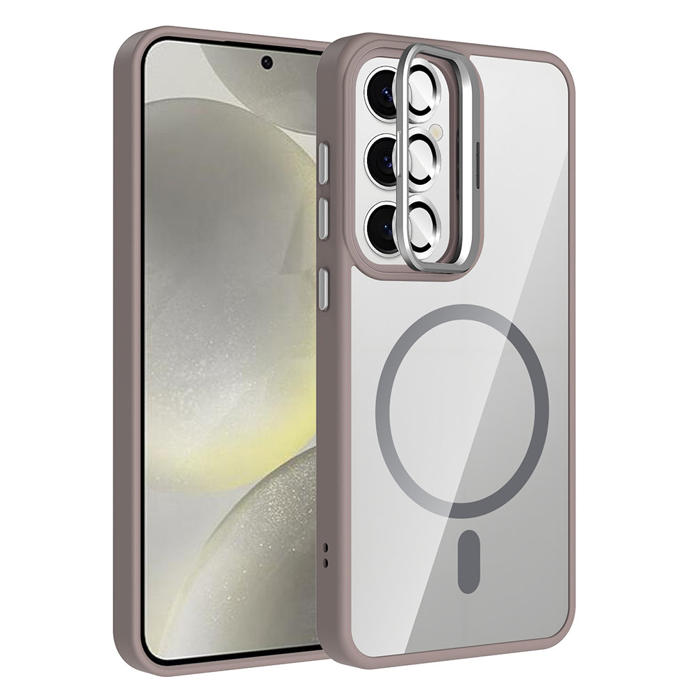 Galaxy S25 Kılıf Standlı ve Kamera Lens Hediyeli M-Safe Şarj Özellikli Zore Etro Kapak Gri