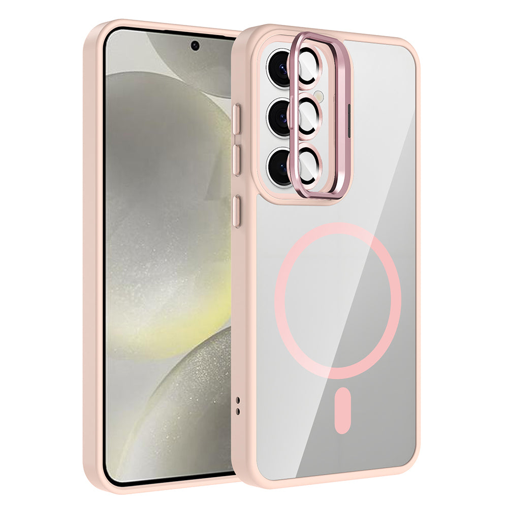 Galaxy S25 Kılıf Standlı ve Kamera Lens Hediyeli M-Safe Şarj Özellikli Zore Etro Kapak Pembe