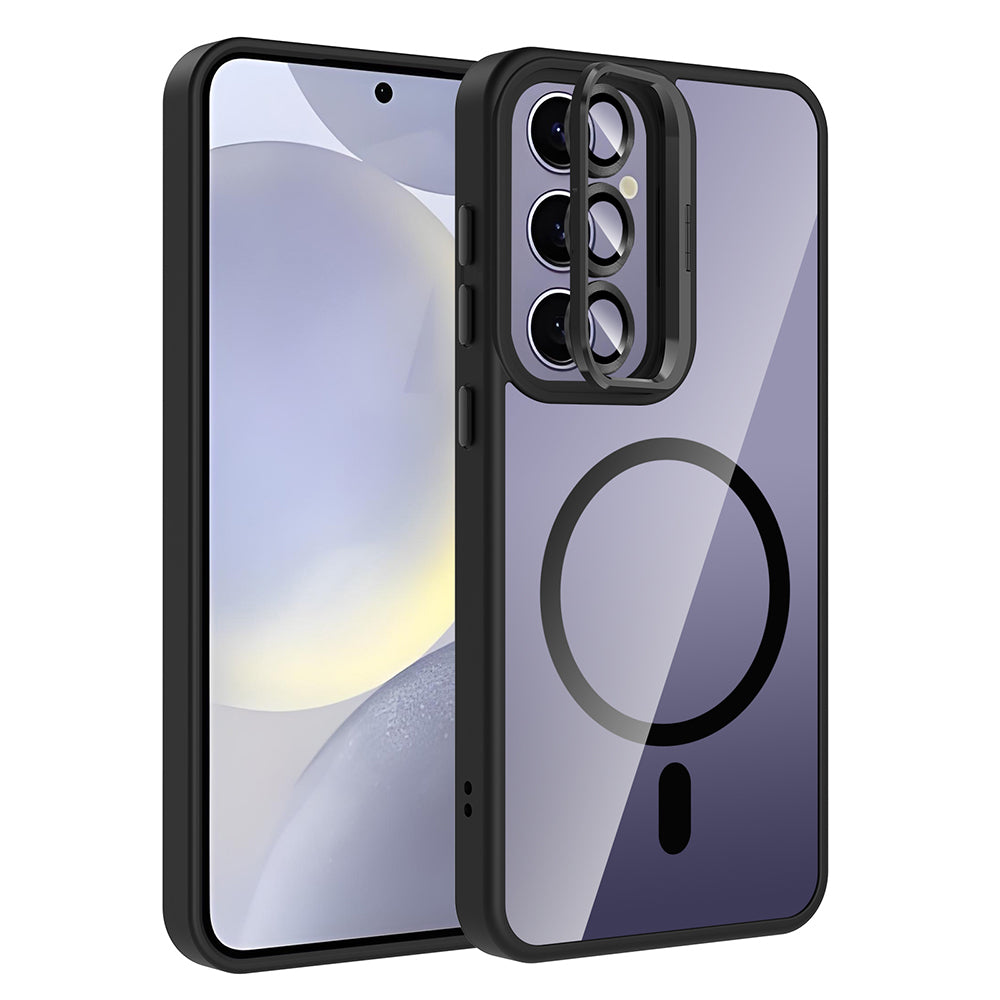 Galaxy S25 Plus Kılıf Standlı ve Kamera Lens Hediyeli M-Safe Şarj Özellikli Zore Etro Kapak Gri