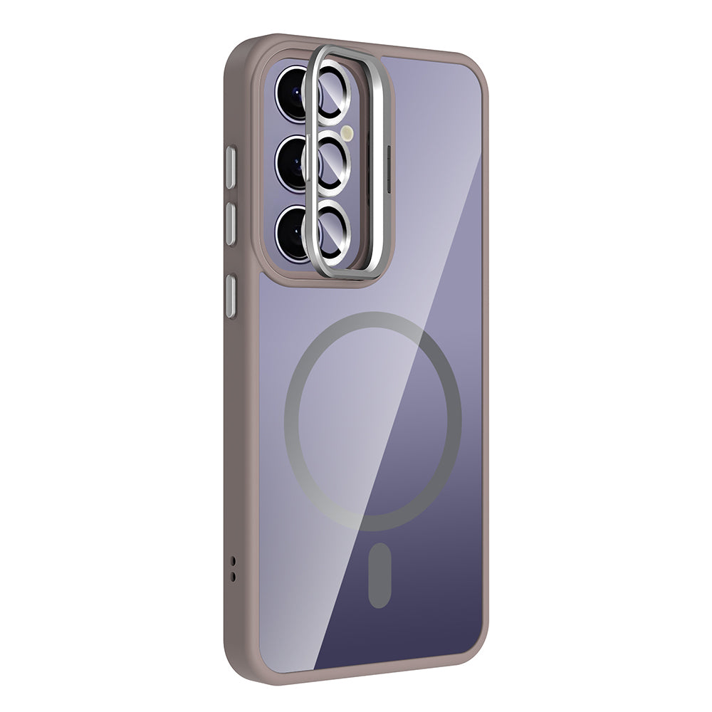 Galaxy S25 Plus Kılıf Standlı ve Kamera Lens Hediyeli M-Safe Şarj Özellikli Zore Etro Kapak Gri