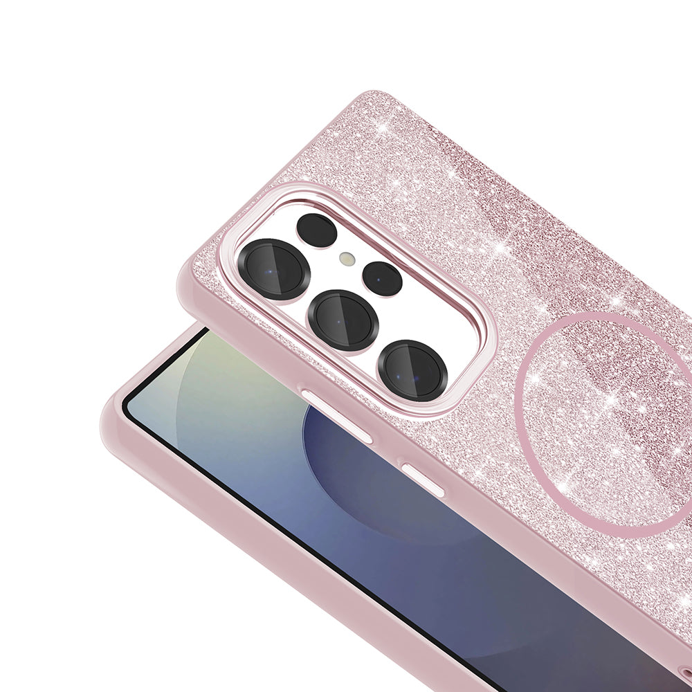 Galaxy S25 Ultra Kılıf Magsafe Şarj Özellikli Parlayan Simli Zore Okso Kapak Pembe