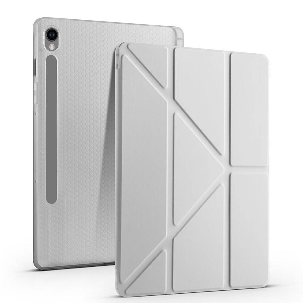 Galaxy Tab S9 FE Kılıf Zore Tri Folding Kalem Bölmeli Standlı Kılıf Gri