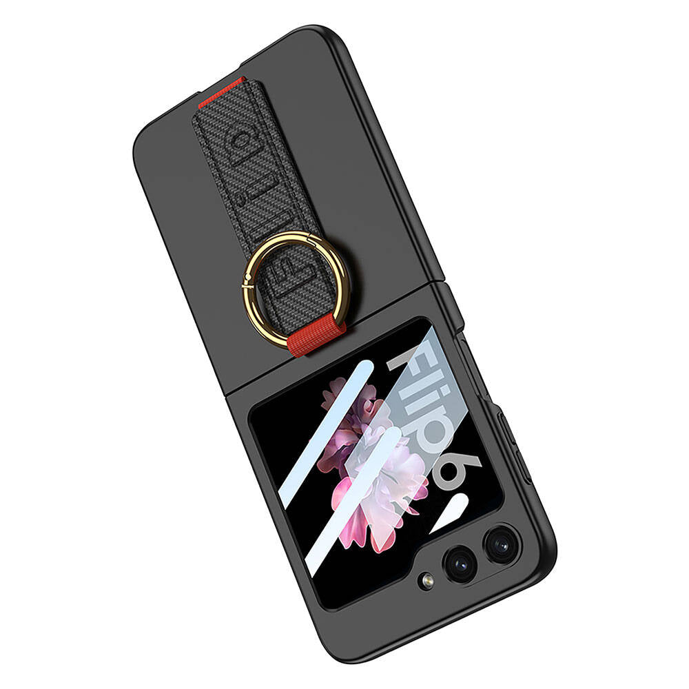 Galaxy Z Flip 6 Kılıf Kamera Korumalı Yüzüklü Karbon Tasarımlı Zore Flip Ring Kıpta Kapak Gri-Yeşil