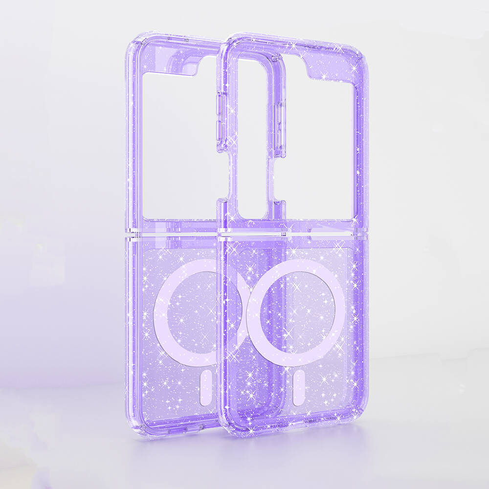 Galaxy Z Flip 6 Kılıf Magsafe Şarj Özellikli Parlayan Simli Saydam Renkli Zore Allstar Kapak Pembe