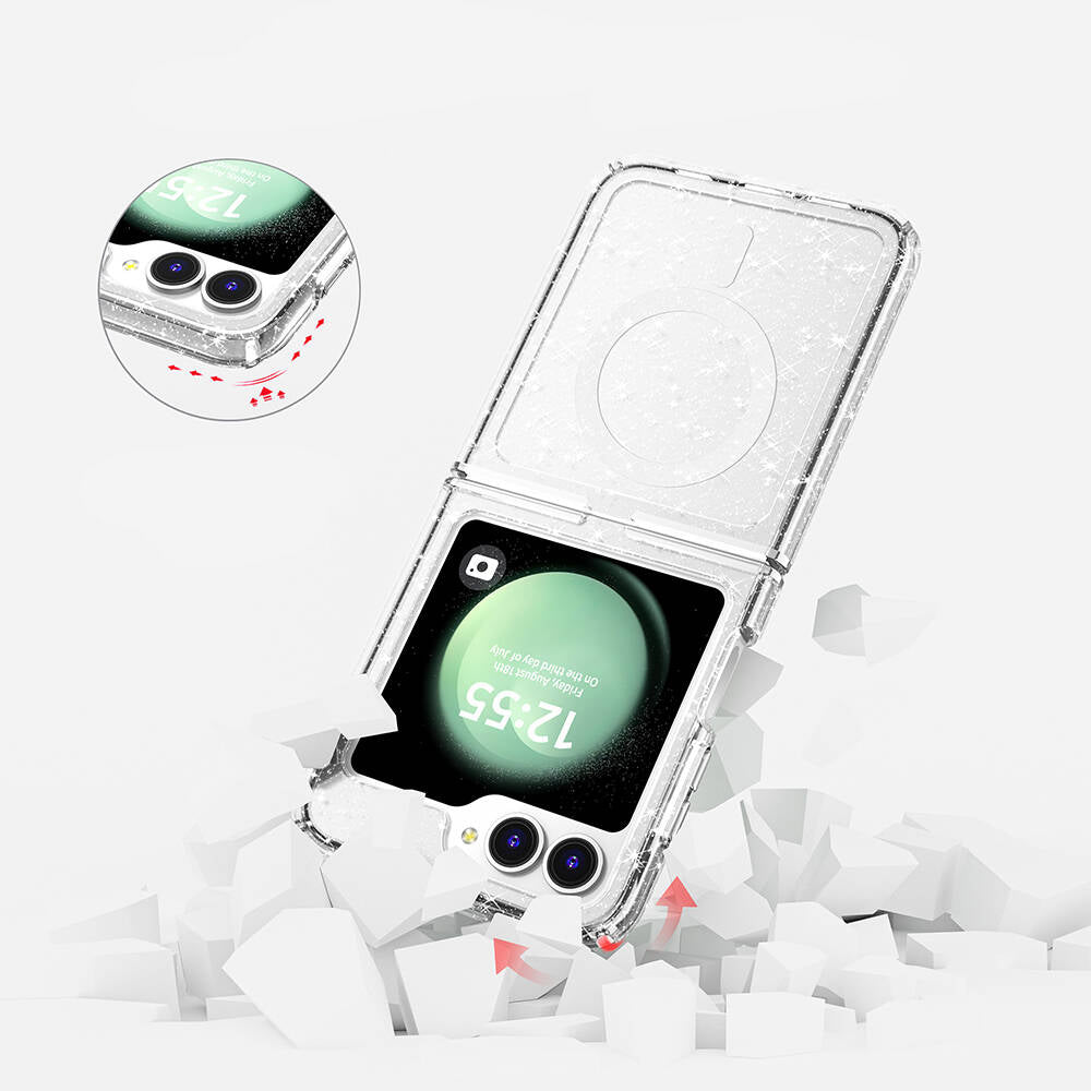 Galaxy Z Flip 6 Kılıf Magsafe Şarj Özellikli Parlayan Simli Saydam Renkli Zore Allstar Kapak Pembe