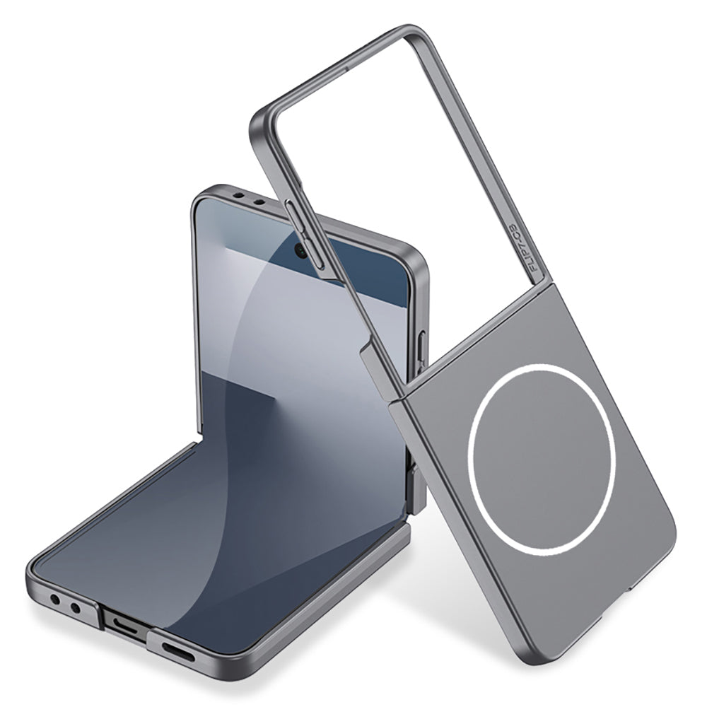 Galaxy Z Flip 7 Kılıf Wireless Şarj Özellikli Zore Kıpta M-safe Kapak Gri