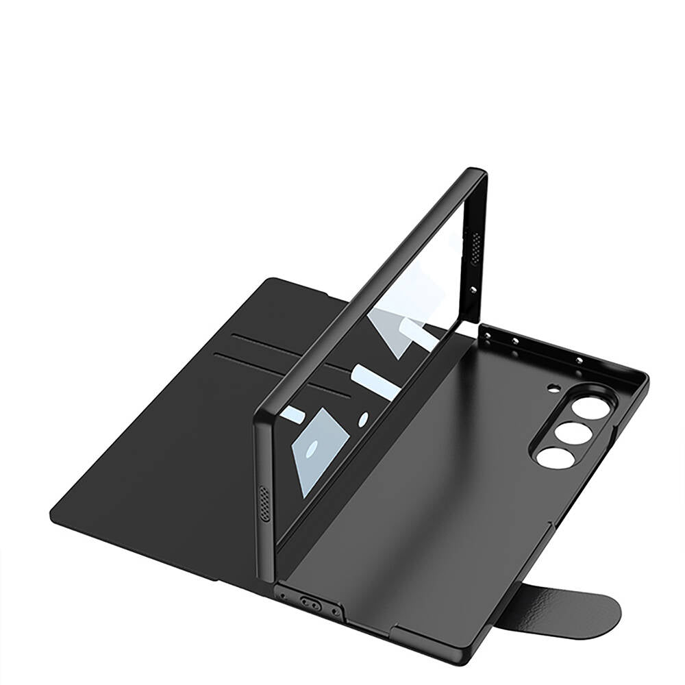 Galaxy Z Fold 6 Kılıf Kamera Korumalı Kartlıklı Kalem Bölmeli Zore Kıpta Marble Drago Kılıf Siyah
