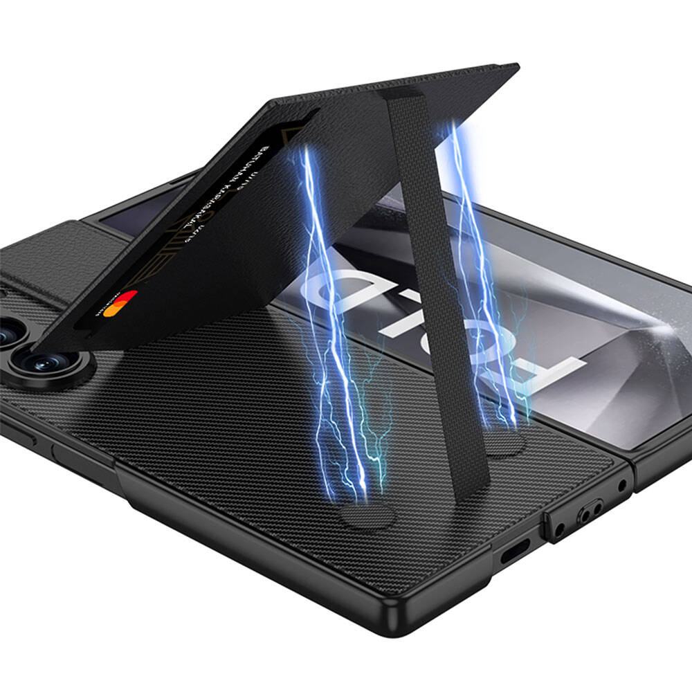 Galaxy Z Fold 6 Kılıf Karbon Fiber Kartlıklı Zore Kıpta Dik Açılan Kartlıklı Kapak Siyah