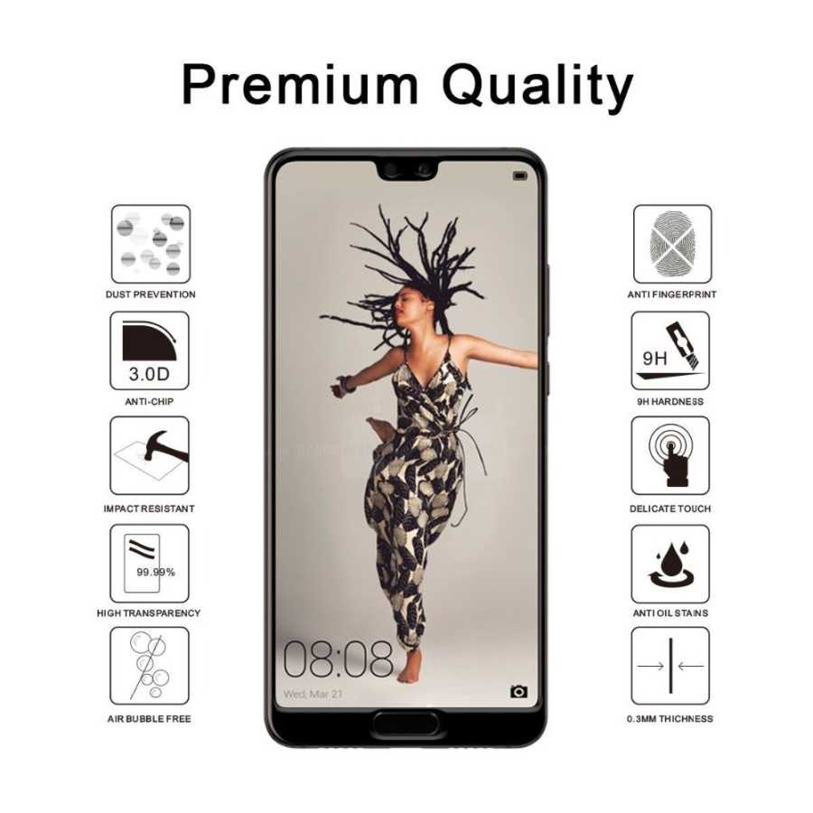 Huawei P20 Zore Ekranı Tam Kaplayan Düz Cam Koruyucu Siyah
