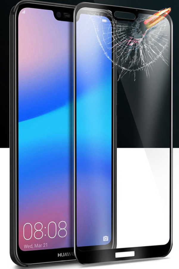 Huawei P20 Lite Zore Kenarları Kırılmaya Dayanıklı Cam Ekran Koruyucu Siyah