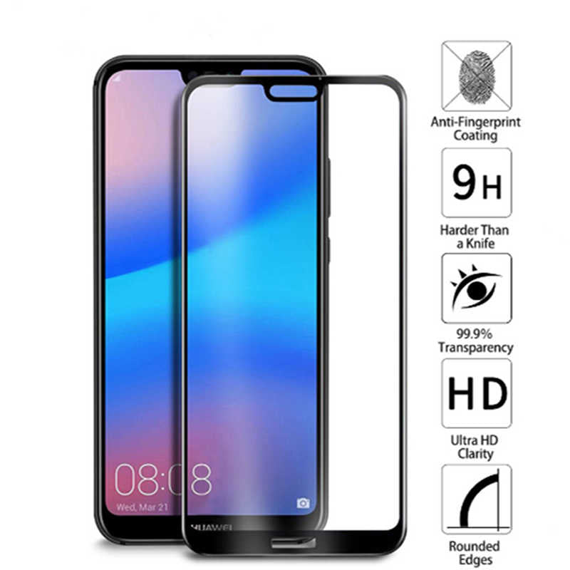 Huawei P20 Lite Zore Kenarları Kırılmaya Dayanıklı Cam Ekran Koruyucu Siyah