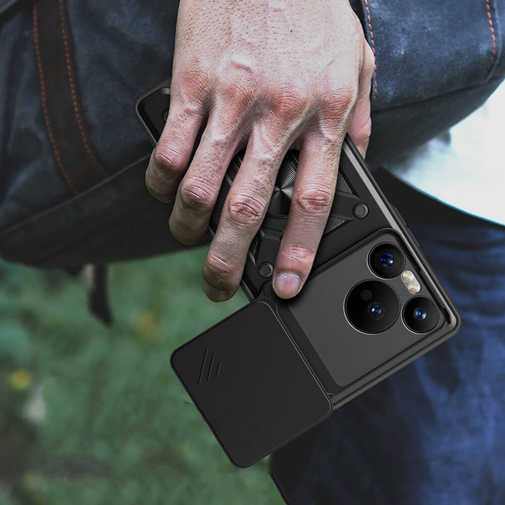 Huawei Pura 70 5G Kılıf Magnetik Standlı Kamera Korumalı Zore Sürgülü Vega Kapak Siyah