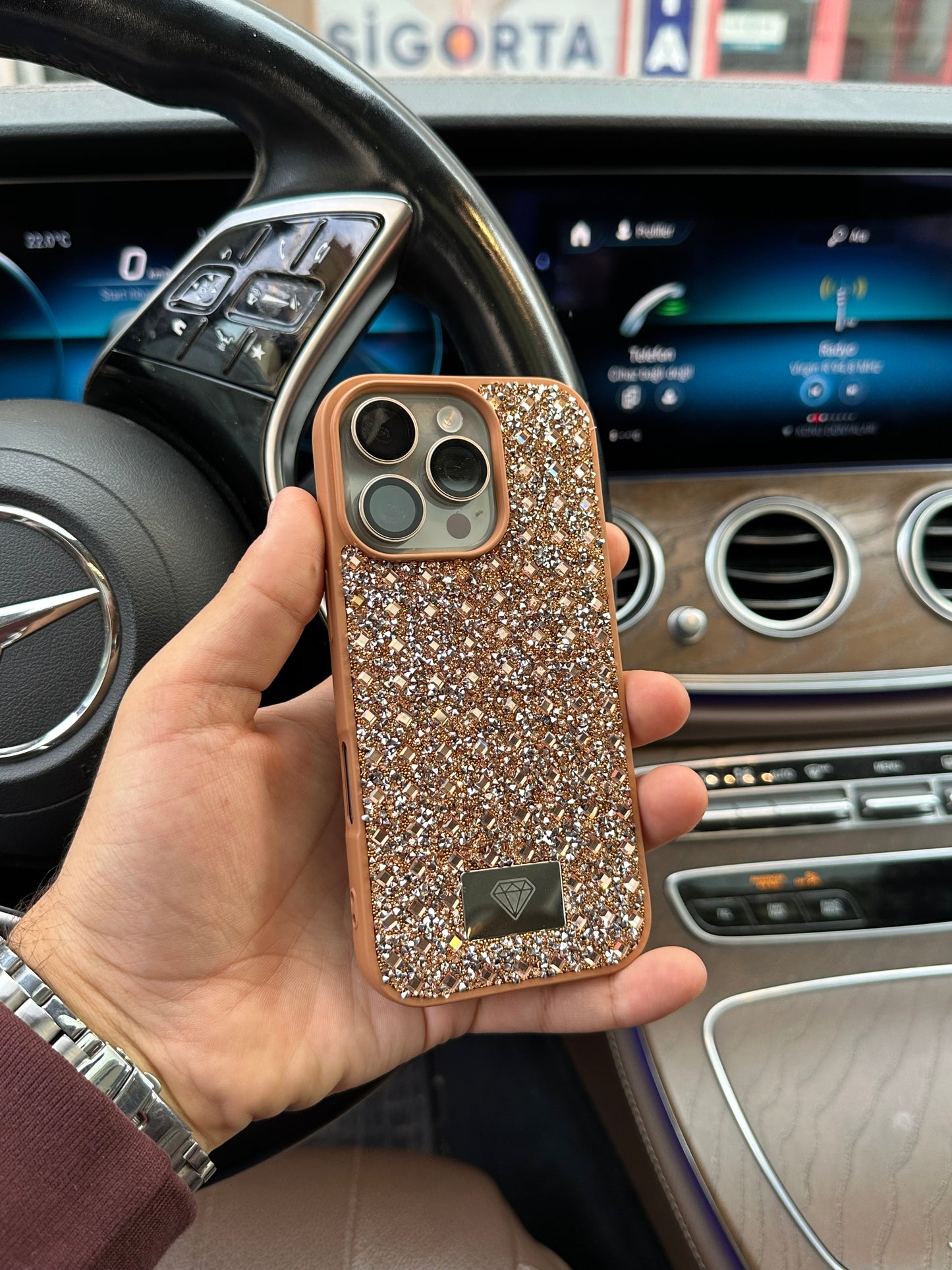 Crystal Shine Taşlı Apple iPhone Uyumlu Kılıf (Gold)