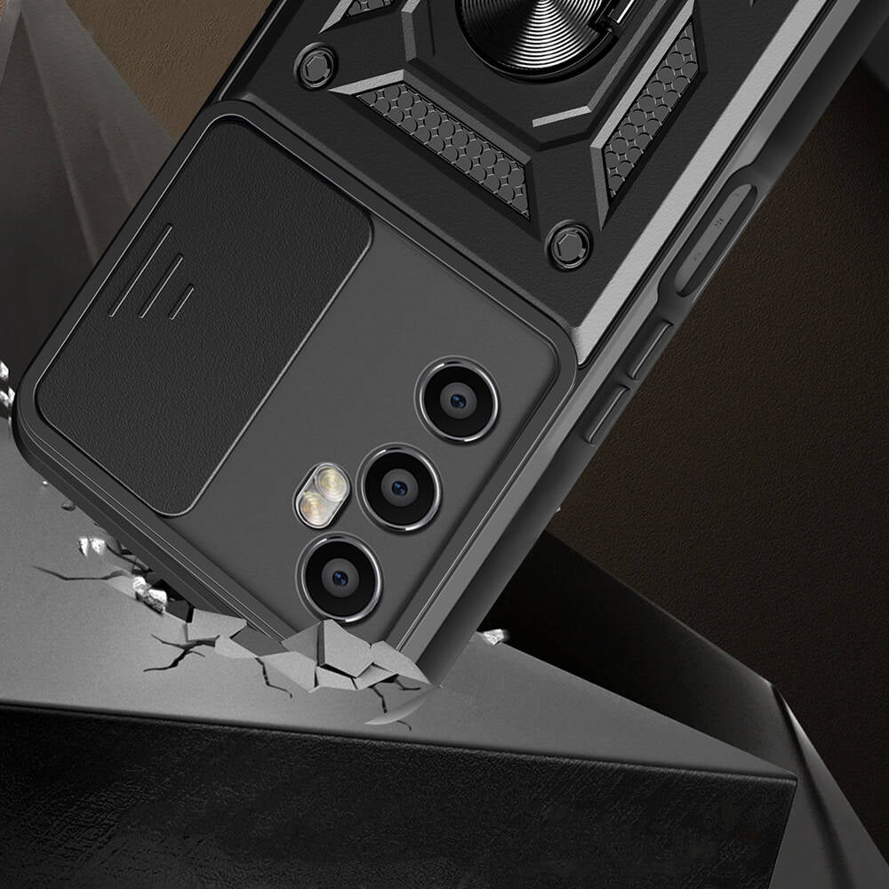 Realme C65 4G Kılıf Magnetik Standlı Kamera Korumalı Zore Sürgülü Vega Kapak Mavi