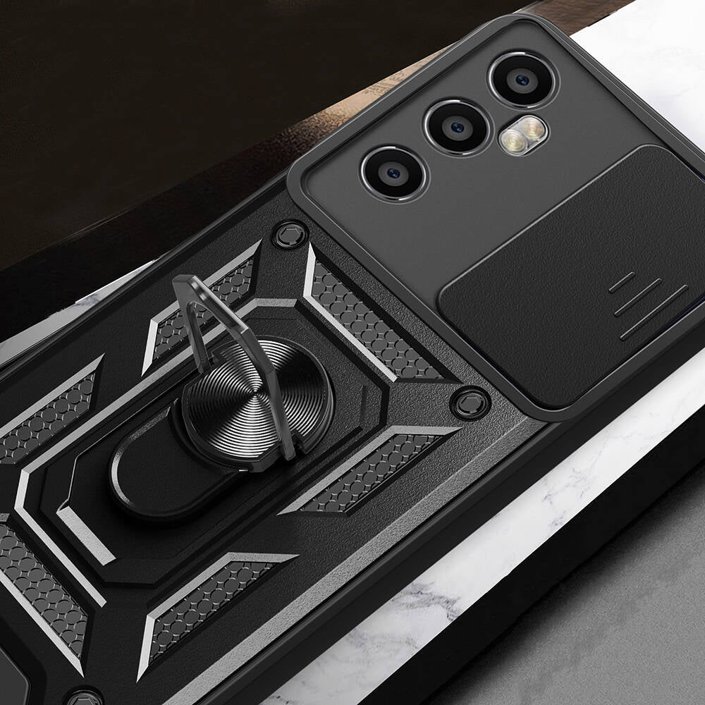 Realme C65 4G Kılıf Magnetik Standlı Kamera Korumalı Zore Sürgülü Vega Kapak Mavi