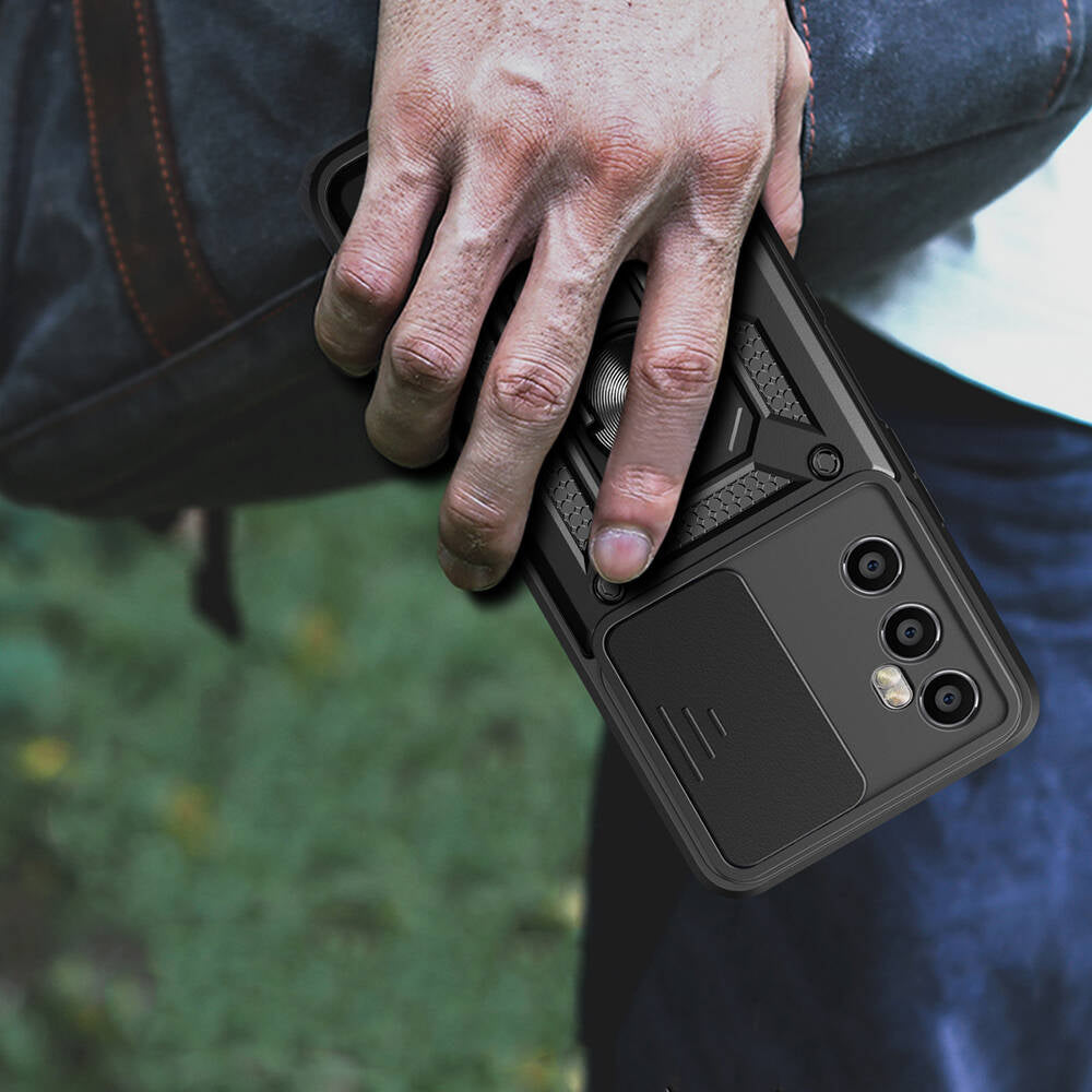 Realme C65 4G Kılıf Magnetik Standlı Kamera Korumalı Zore Sürgülü Vega Kapak Siyah