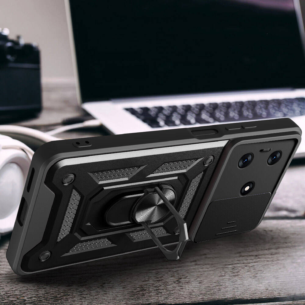 Tecno Spark 10C Kılıf Magnetik Standlı Kamera Korumalı Zore Sürgülü Vega Kapak Siyah