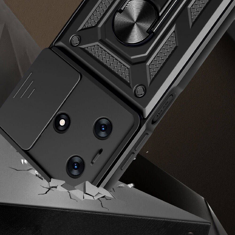 Tecno Spark 10C Kılıf Magnetik Standlı Kamera Korumalı Zore Sürgülü Vega Kapak Siyah