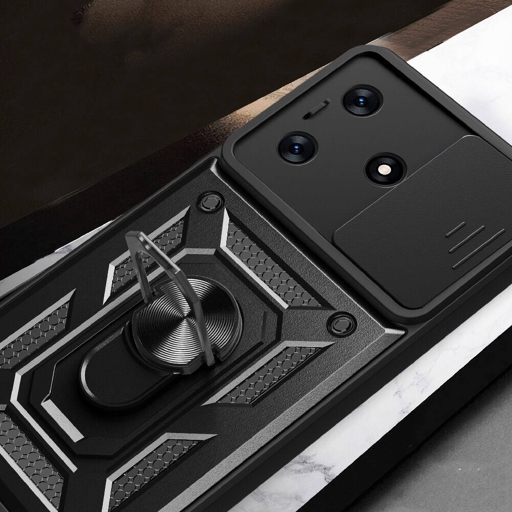 Tecno Spark 10C Kılıf Magnetik Standlı Kamera Korumalı Zore Sürgülü Vega Kapak Siyah
