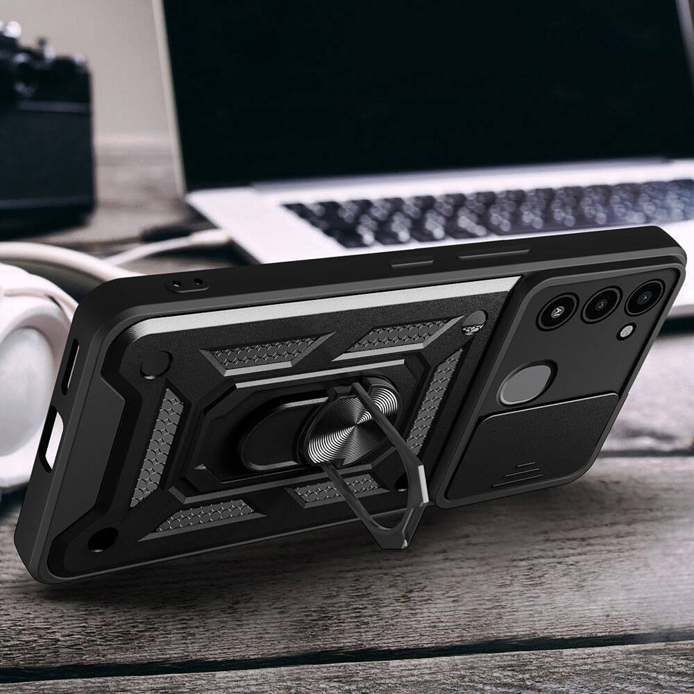 Tecno Spark 8C Kılıf Magnetik Standlı Kamera Korumalı Zore Sürgülü Vega Kapak Siyah