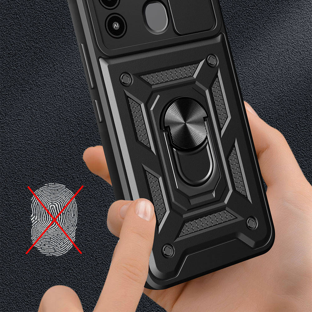 Tecno Spark 8C Kılıf Magnetik Standlı Kamera Korumalı Zore Sürgülü Vega Kapak Siyah