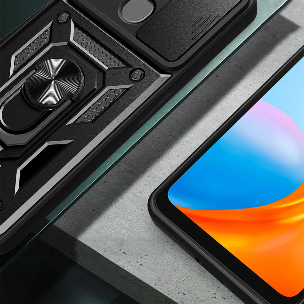 Tecno Spark 8C Kılıf Magnetik Standlı Kamera Korumalı Zore Sürgülü Vega Kapak Siyah