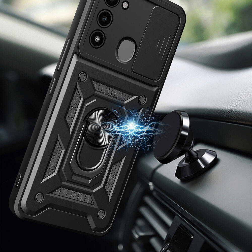 Tecno Spark 8C Kılıf Magnetik Standlı Kamera Korumalı Zore Sürgülü Vega Kapak Siyah