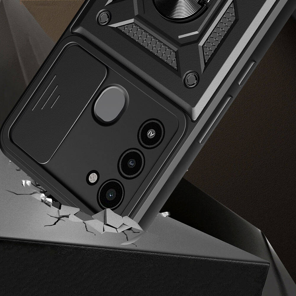 Tecno Spark 8C Kılıf Magnetik Standlı Kamera Korumalı Zore Sürgülü Vega Kapak Siyah