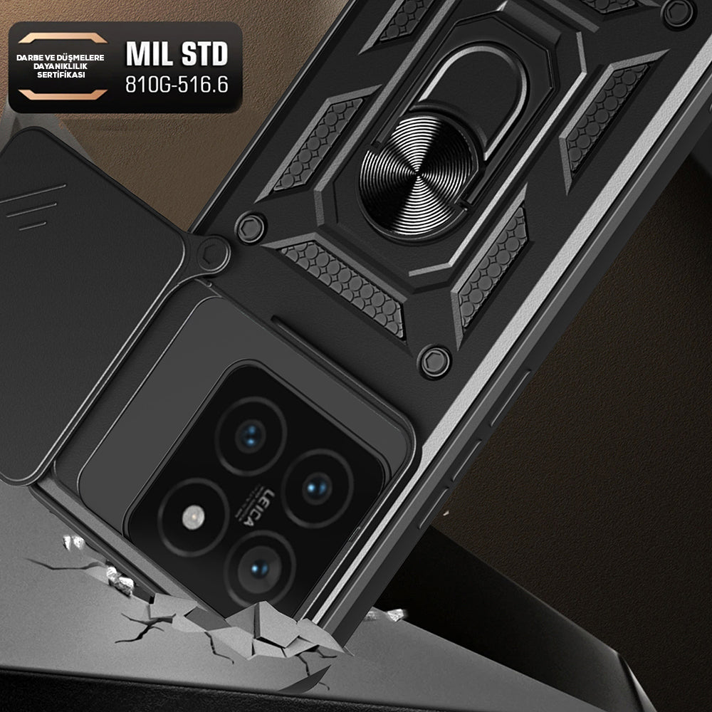 Xiaomi 14T Kılıf Magnetik Standlı Kamera Korumalı Zore Sürgülü Vega Kapak Mavi