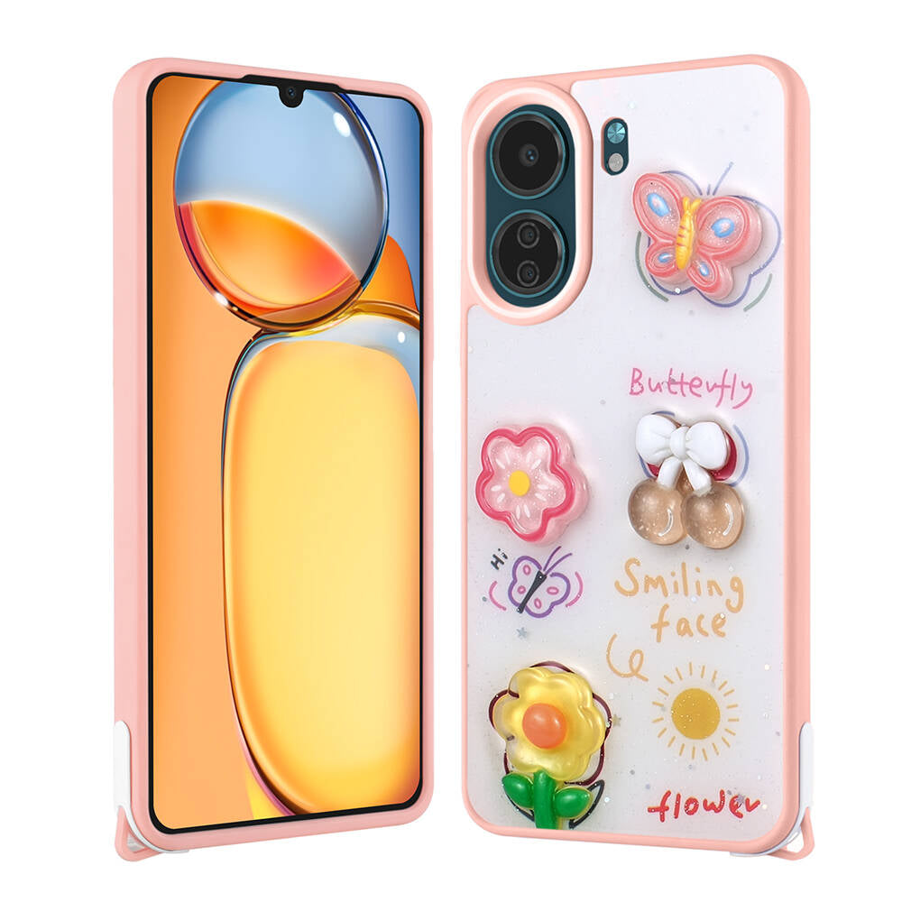 Xiaomi Poco C65 Kılıf Parlayan Simli Kabartma Figürlü Zore Cevze Kapak Mor Ayı