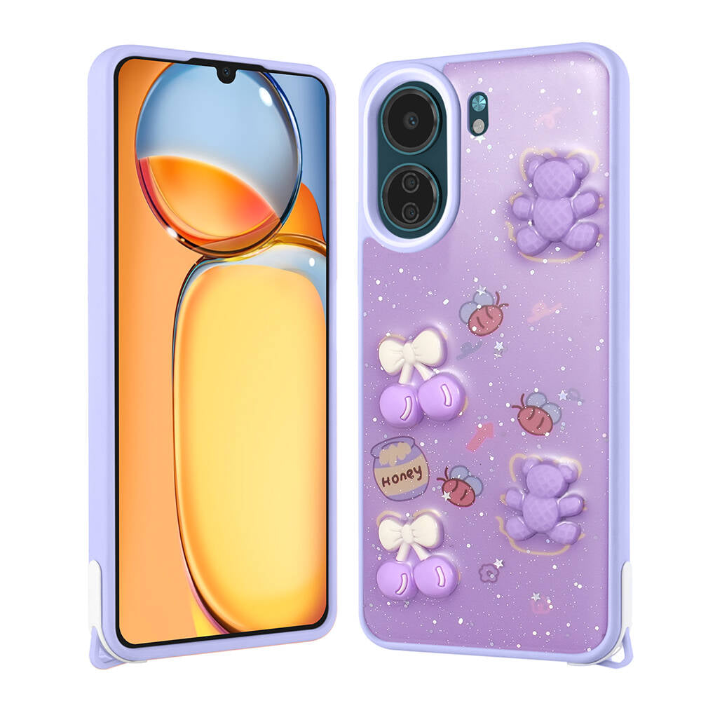 Xiaomi Poco C65 Kılıf Parlayan Simli Kabartma Figürlü Zore Cevze Kapak Mor Ayı