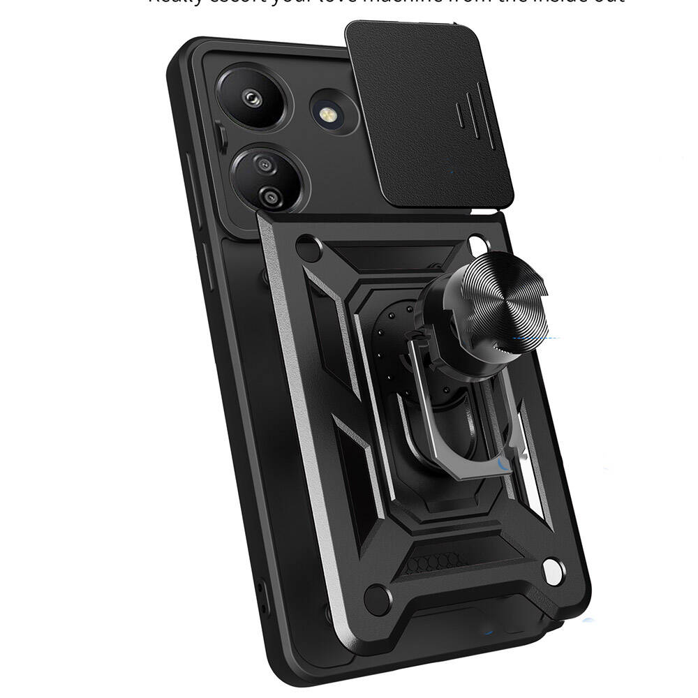 Xiaomi Poco C65 Kılıf Magnetik Standlı Kamera Korumalı Zore Sürgülü Vega Kapak Siyah
