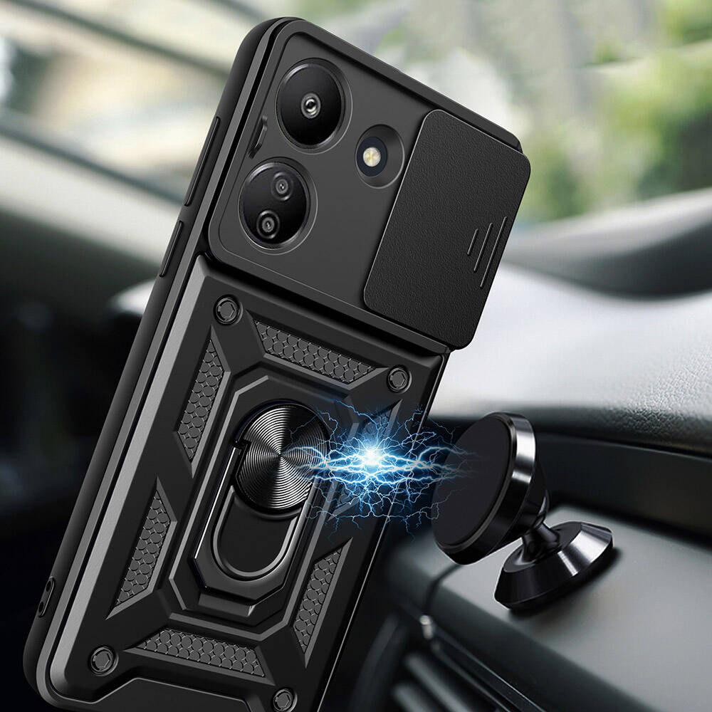 Xiaomi Poco C65 Kılıf Magnetik Standlı Kamera Korumalı Zore Sürgülü Vega Kapak Siyah