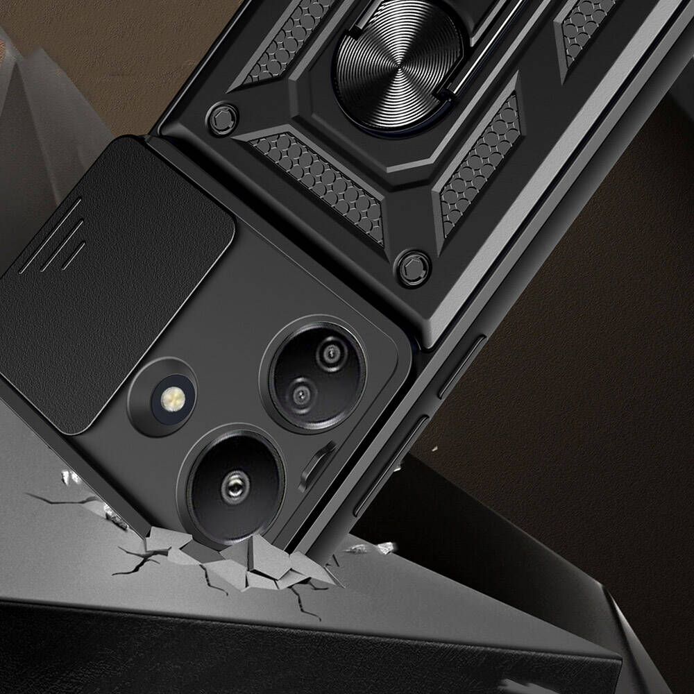 Xiaomi Poco C65 Kılıf Magnetik Standlı Kamera Korumalı Zore Sürgülü Vega Kapak Siyah