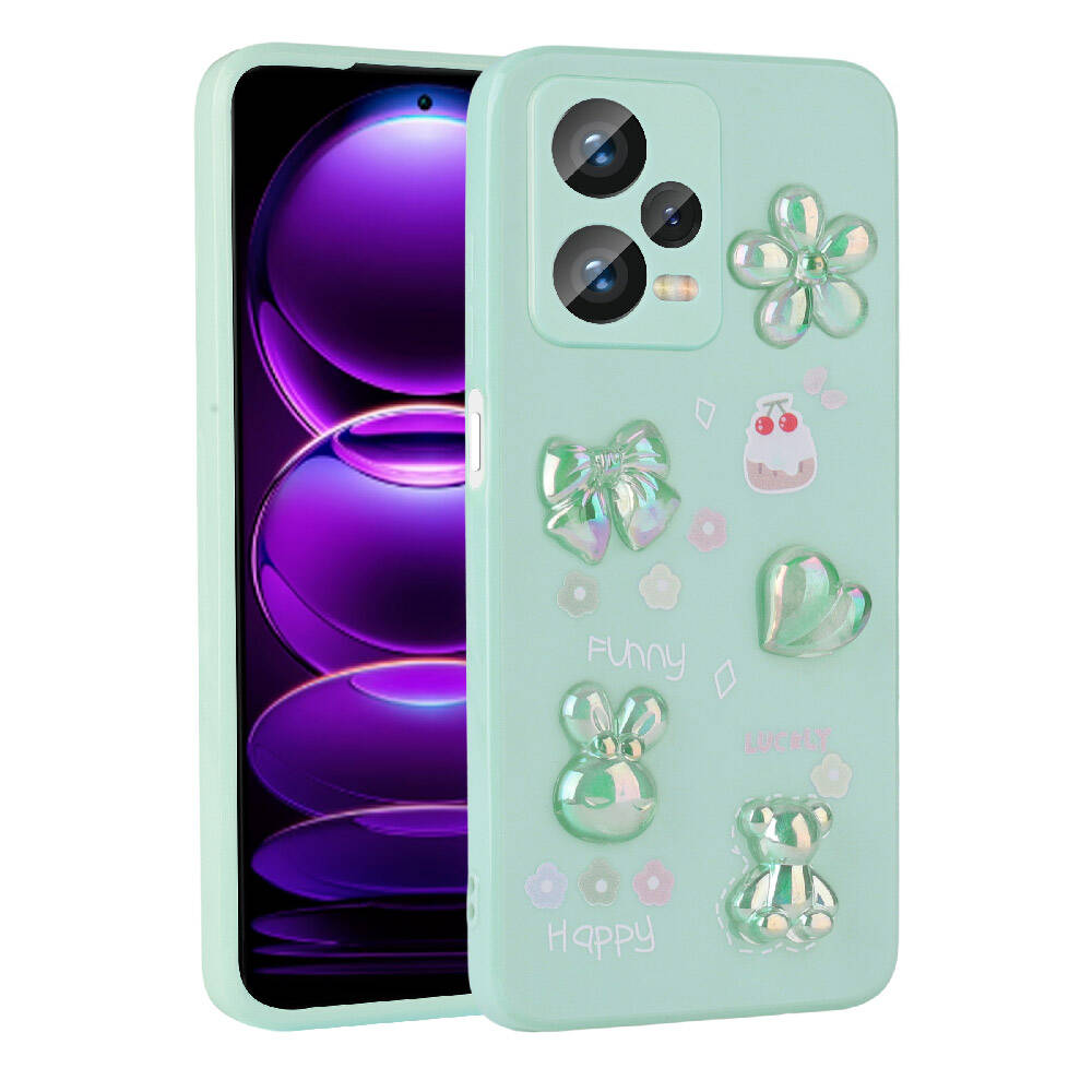 Xiaomi Redmi Note 12 4G Kılıf Kabartma Figürlü Parlak Zore Toys Silikon Kapak Açık Yeşil