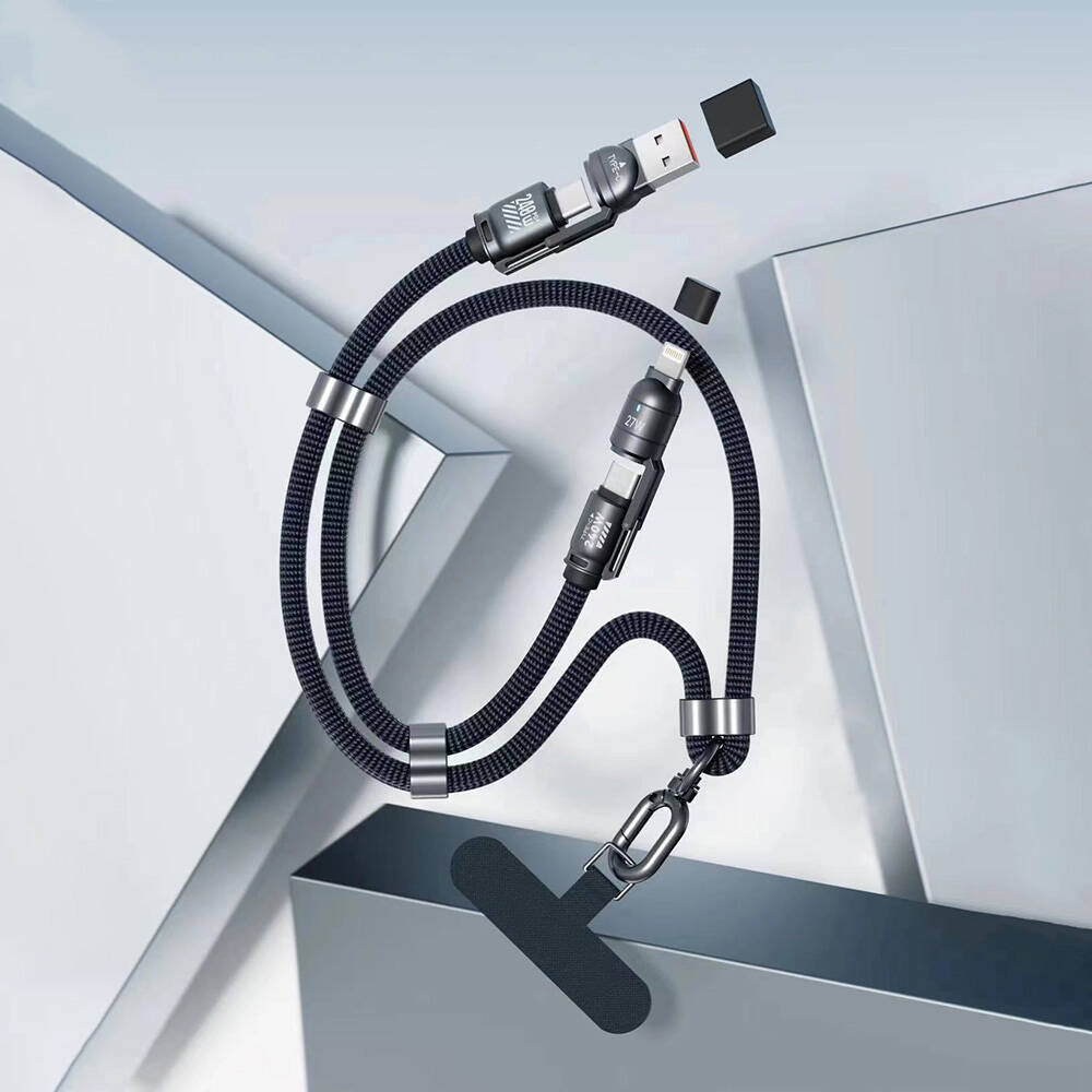Zore 4in1 Çoklu USB-A+Type-C to Type-C+Lightning Askı İpi Tasarımlı Şarj ve Data Kablosu 240W 70cm Siyah