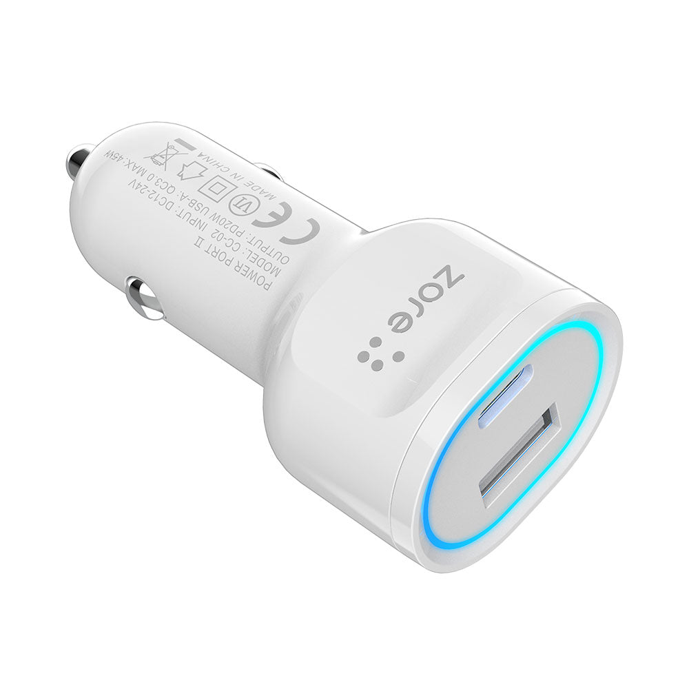 Zore CC-02 Hızlı Şarj Özellikli LED Işıklı QC 3.0 USB-A ve Type-C PD Araç Şarj Başlığı PD 20W Beyaz