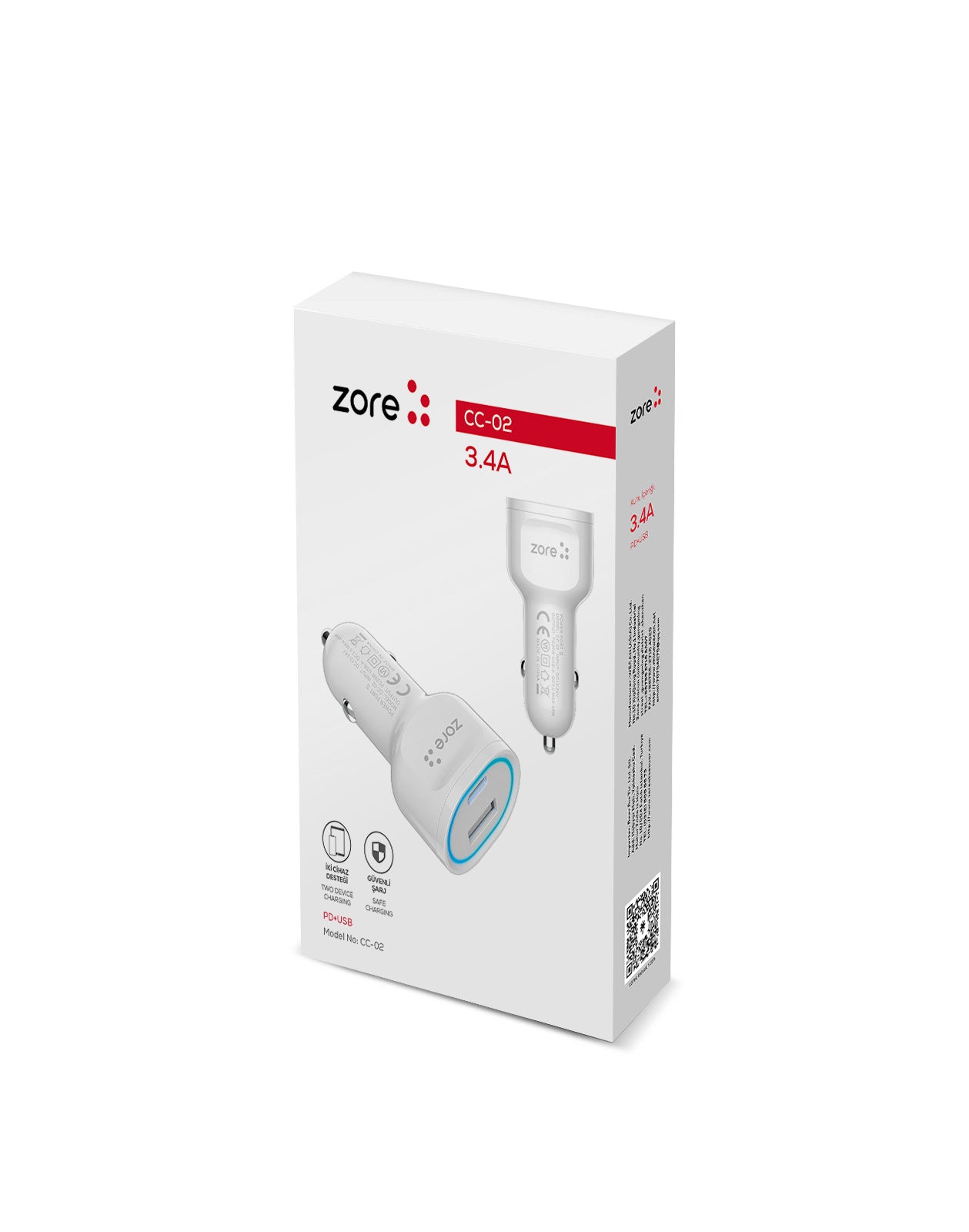 Zore CC-02 Hızlı Şarj Özellikli LED Işıklı QC 3.0 USB-A ve Type-C PD Araç Şarj Başlığı PD 20W Beyaz