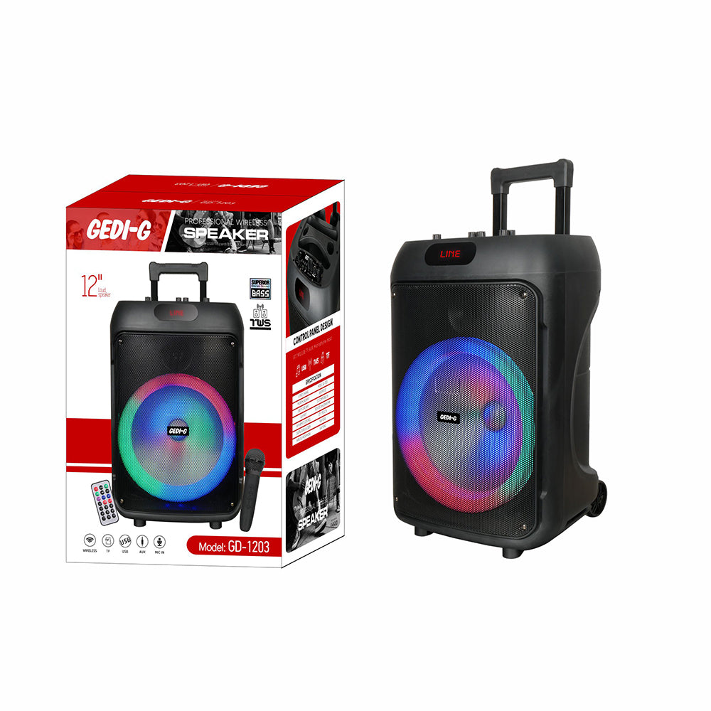 Zore GD-1203 Dijital LED Göstergeli FM Radyolu Mikrofonlu RGB TWS 12 inç Stereo Bass Kablosuz Karaoke Hoparlör Siyah