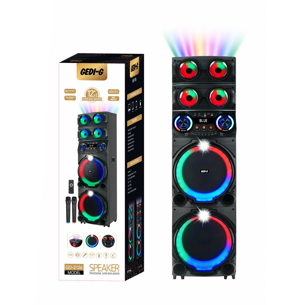 Zore GD-2126 Dijital LED Göstergeli FM Radyolu Mikrofonlu RGB TWS Çift 12 inç Stereo Bass Kablosuz Karaoke Hoparlör Siyah