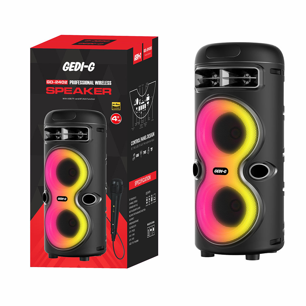 Zore GD-2402 Dijital LED Göstergeli FM Radyolu Mikrofonlu RGB TWS Çift 4 inç Stereo Bass Kablosuz Karaoke Hoparlör Siyah