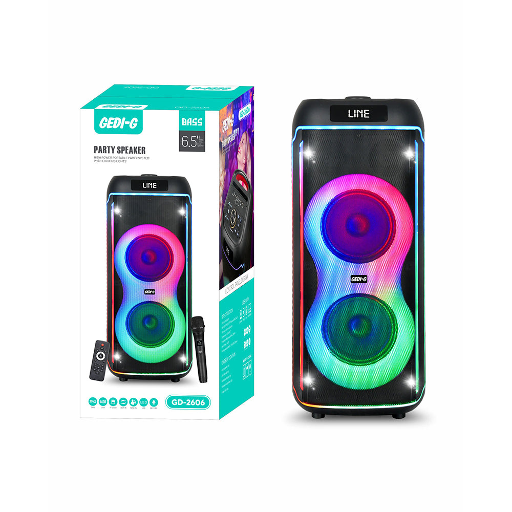 Zore GD-2606 Dijital LED Göstergeli FM Radyolu Mikrofonlu RGB TWS Çift 6.5 inç Stereo Bass Kablosuz Karaoke Hoparlör Siyah