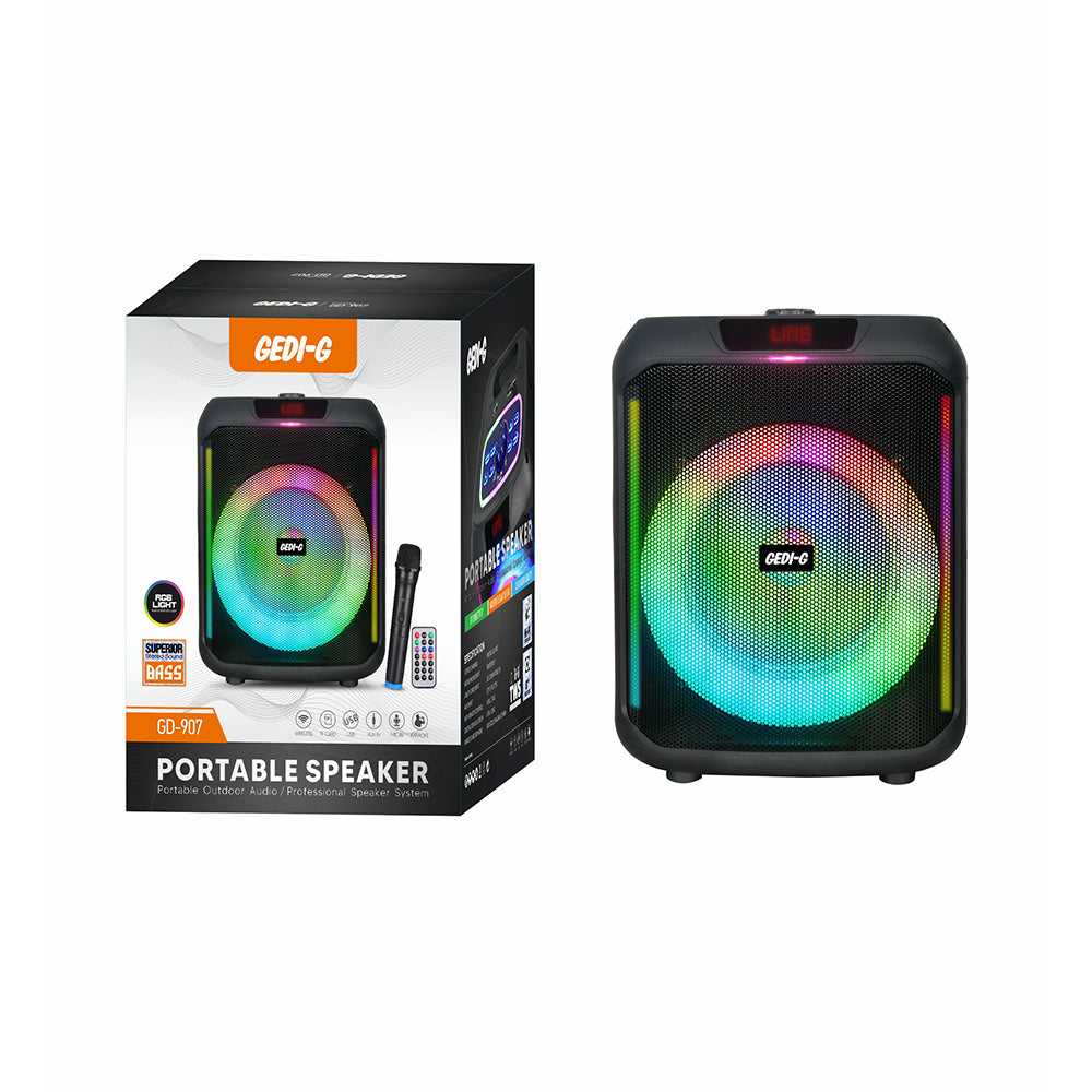 Zore GD-907 Dijital LED Göstergeli FM Radyolu Mikrofonlu RGB TWS 8 inç Stereo Bass Kablosuz Karaoke Hoparlör Siyah
