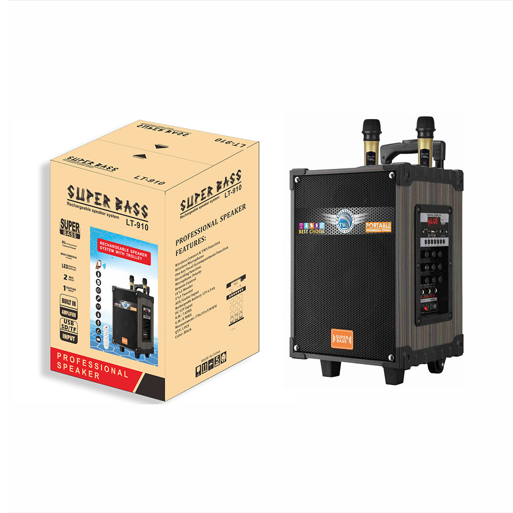 Zore LT-910 Dijital LED Göstergeli FM Radyolu Mikrofonlu Gitar Girişli TWS 10 inç Stereo Bass Kablosuz Karaoke Hoparlör Siyah