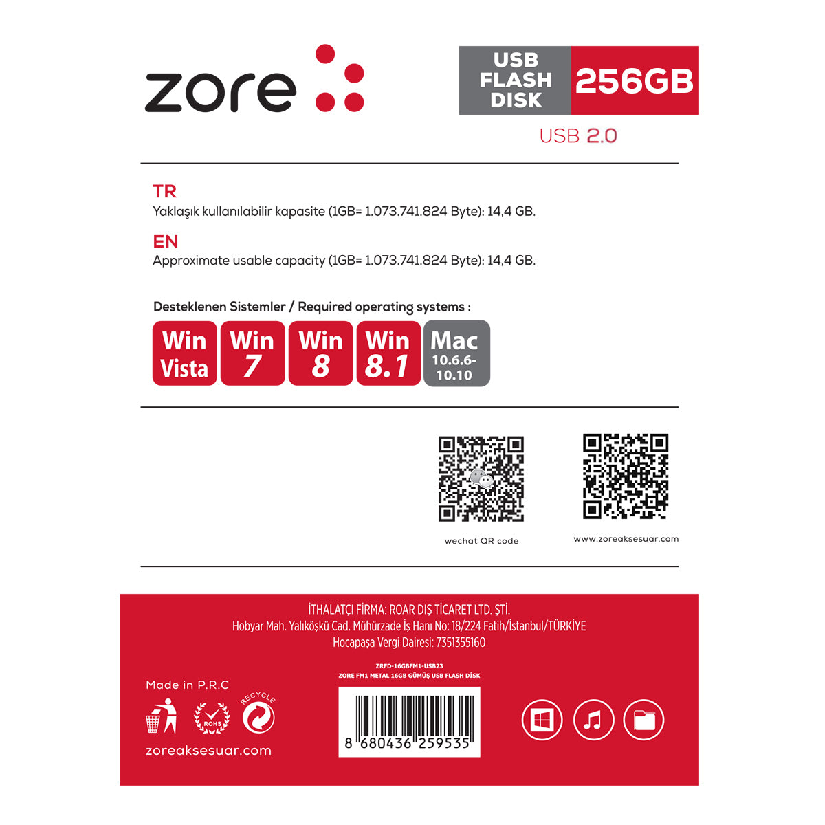Zore Metal Usb Flash Disk 256GB Gümüş
