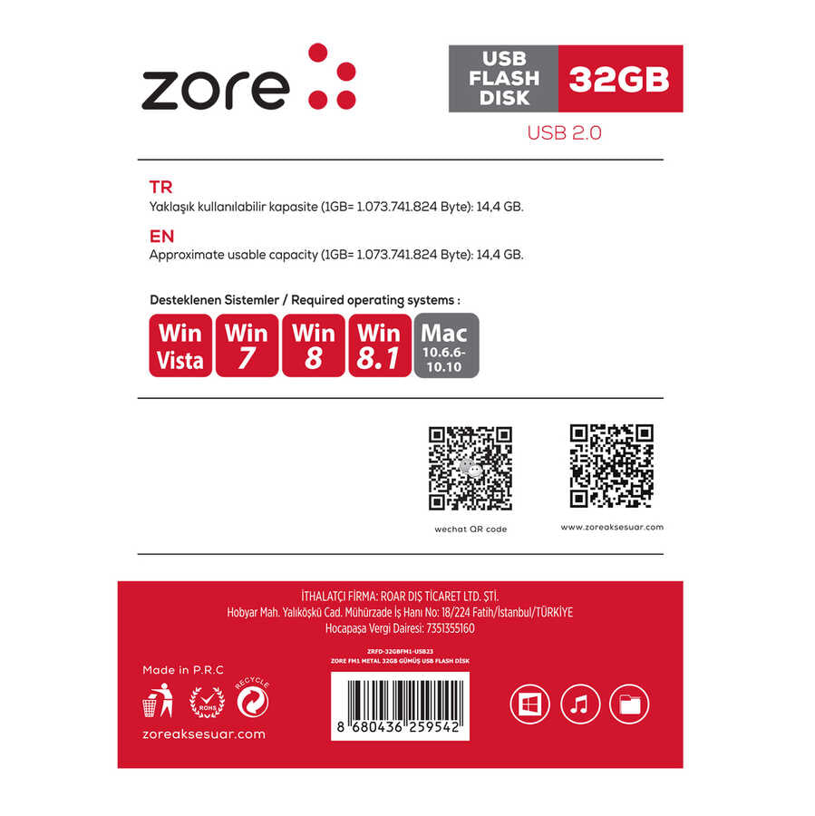 Zore Metal USB Flash Disk 32GB Gümüş
