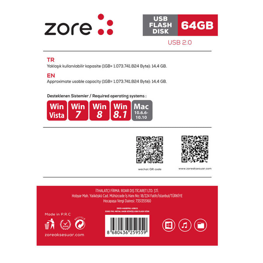 Zore Metal USB Flash Disk 64GB Gümüş