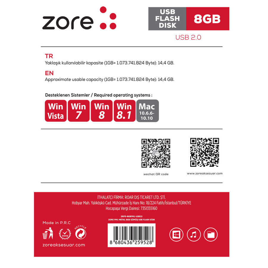 Zore Metal USB Flash Disk 8GB Gümüş