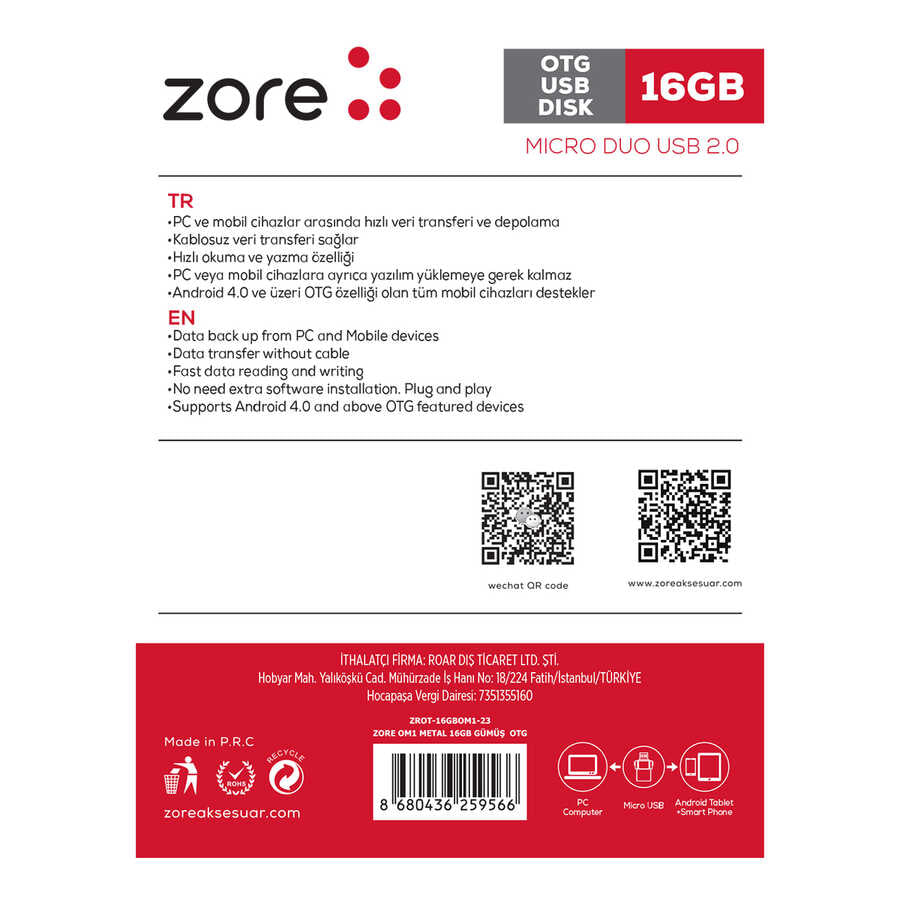 Zore OM1 Micro Metal OTG 16GB Gümüş