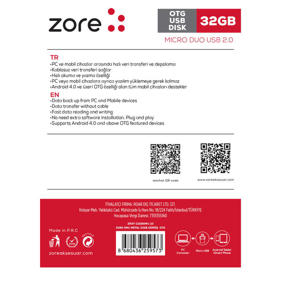Zore OM1 Micro Metal OTG 32 GB Gümüş